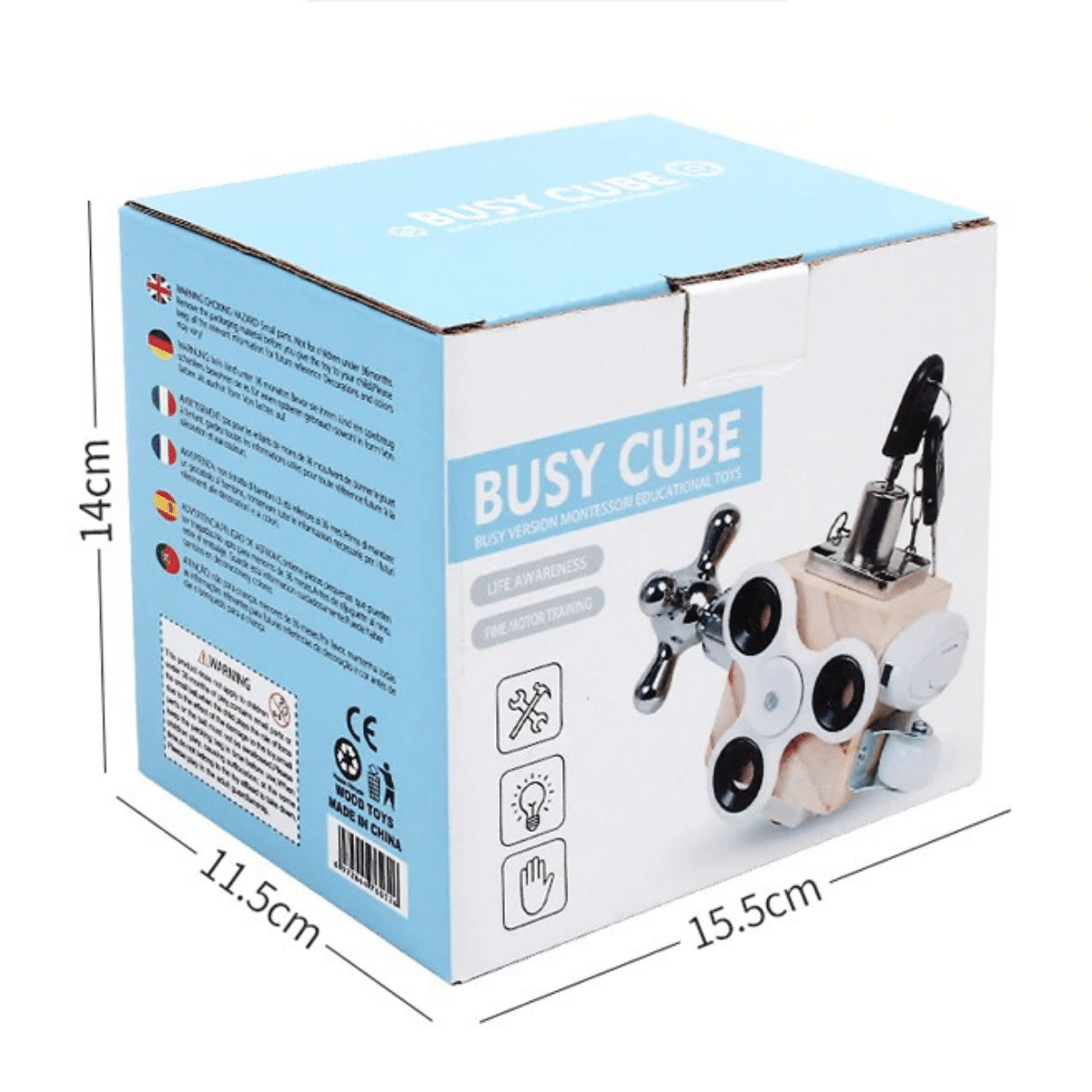 Houten Busy Cube – Montessori Speelkubus voor Motoriek & Ontdekken (3+)
