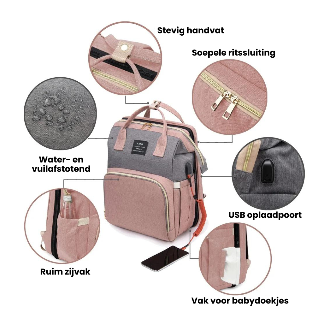 Alles-in-Één Luiertas met Uitklapbaar Reisbedje – Slim & Praktisch voor Onderweg